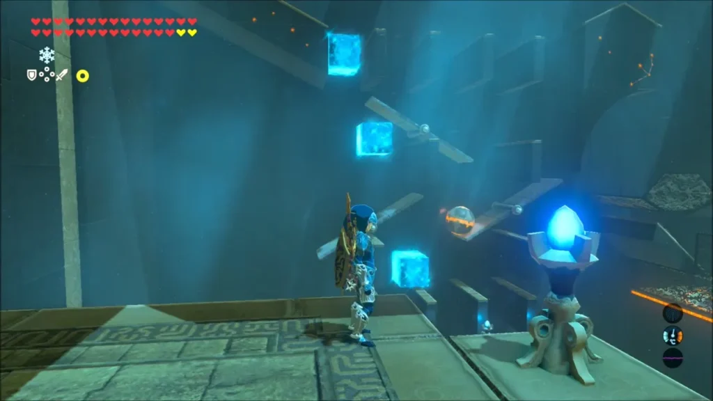 Ball rolling off to the right past two ice blocks near the first lever Ball rolling off to the right past two ice blocks near the first lever