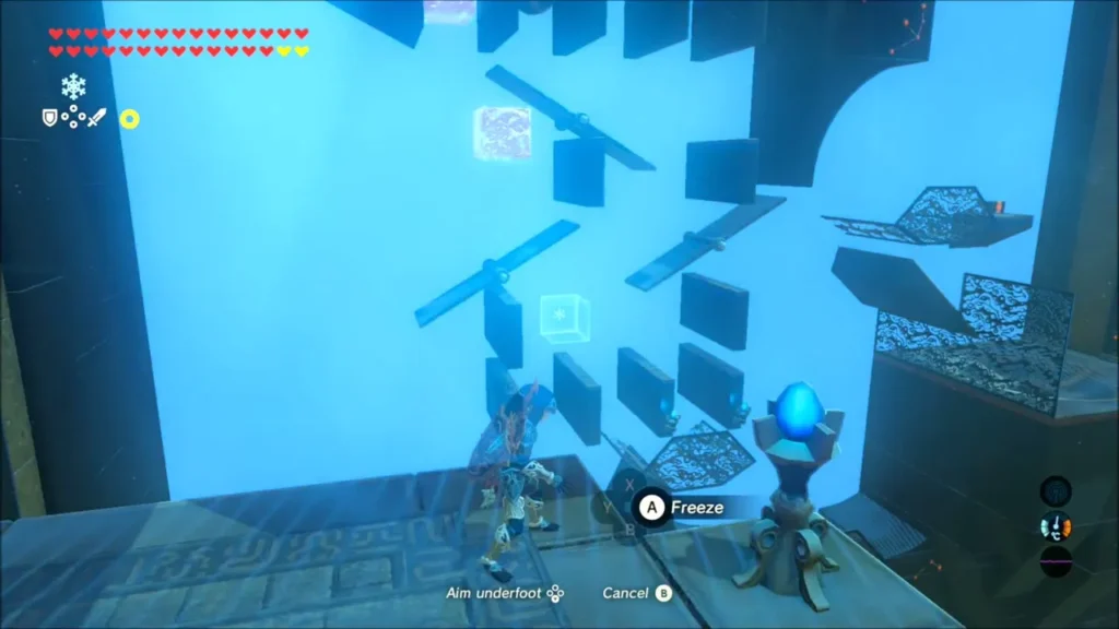 Link aiming Cryonis underfoot at the slot track with the ball above Link aiming Cryonis underfoot at the slot track with the ball above