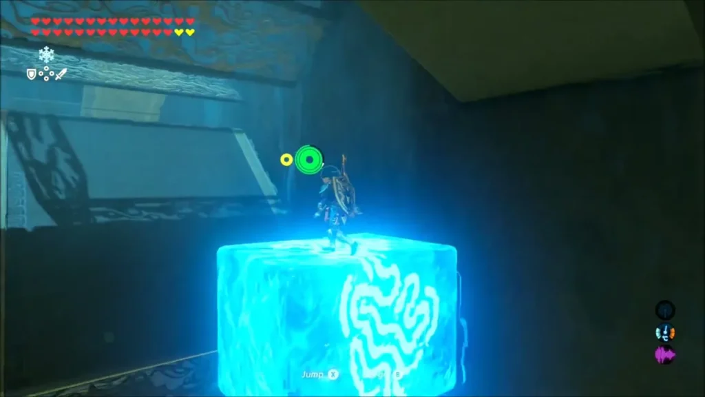 Link standing atop a Cryonis block beside the receptacle platform Link standing atop a Cryonis block beside the receptacle platform