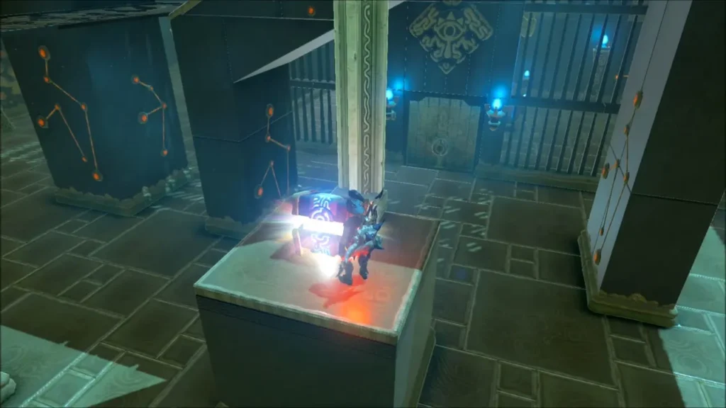 Link opening the chest on the stone pedestal after freezing the platform Link opening the chest on the stone pedestal after freezing the platform