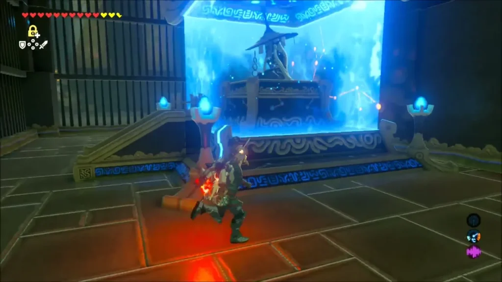 Link walking up to the monk in the glowing blue alcove Link walking up to the monk in the glowing blue alcove