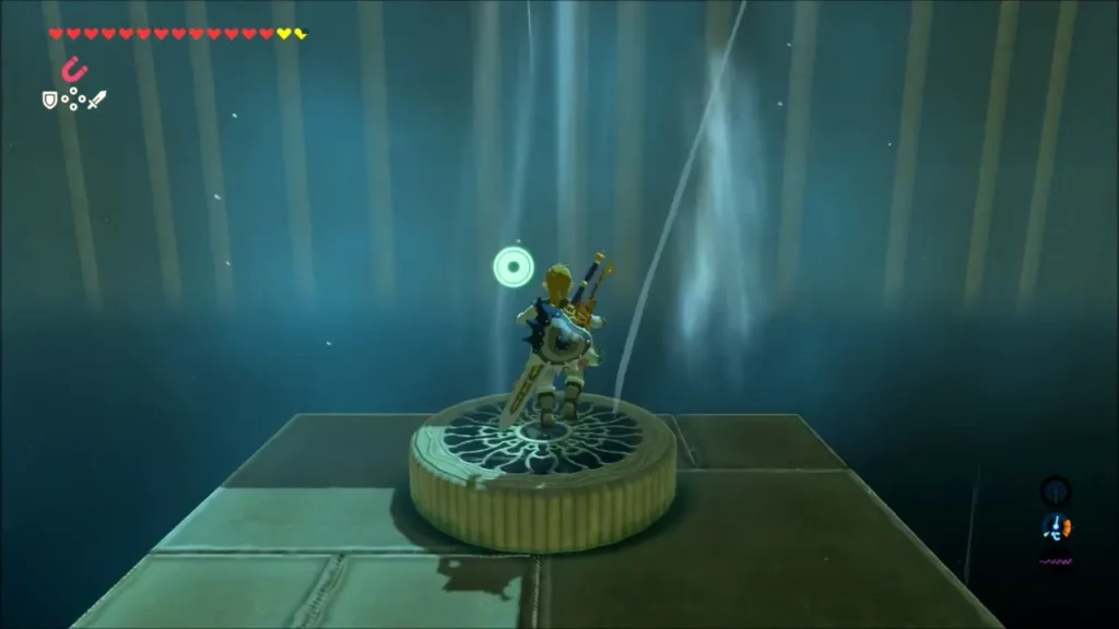 Link standing on a wind-gust pad inside Sha Warvo Shrine Link standing on a wind-gust pad inside Sha Warvo Shrine