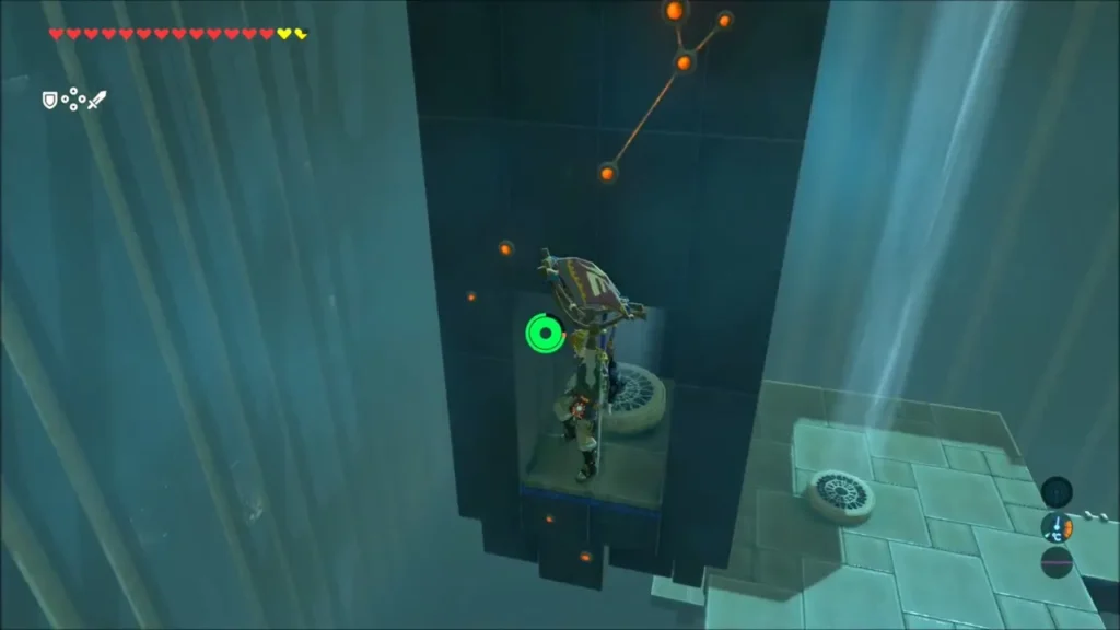 Link gliding up the central gust inside the shrine Link gliding up the central gust inside the shrine