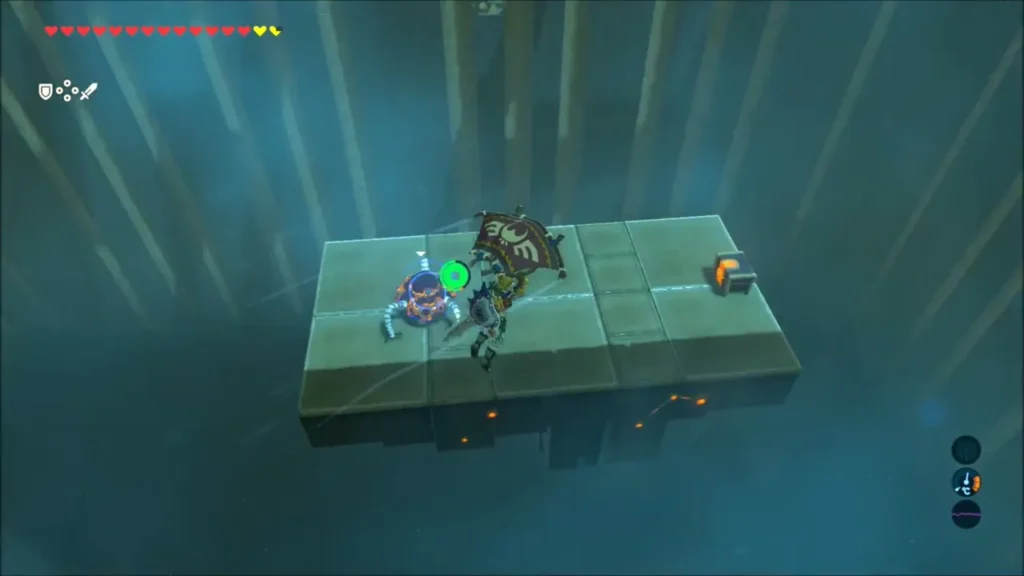 Link gliding toward a Guardian Scout on a small platform Link gliding toward a Guardian Scout on a small platform