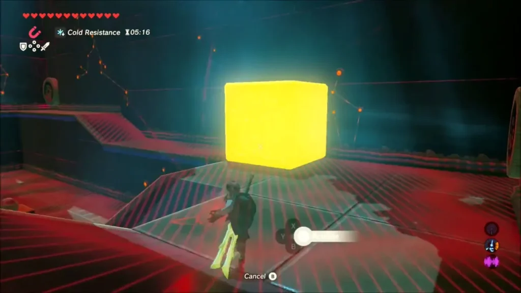 Link aiming Magnesis at a glowing metal block in Shada Naw Shrine Link aiming Magnesis at a glowing metal block in Shada Naw Shrine