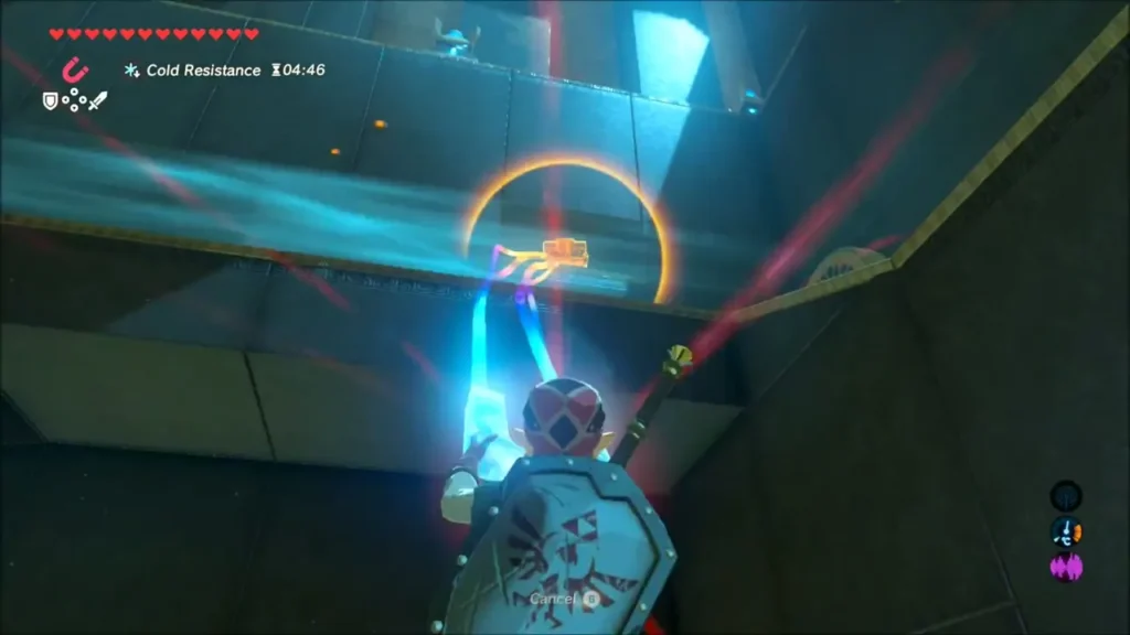 Link using Magnesis to pull a metal chest out of a nook in Shada Naw Shrine Link using Magnesis to pull a metal chest out of a nook in Shada Naw Shrine