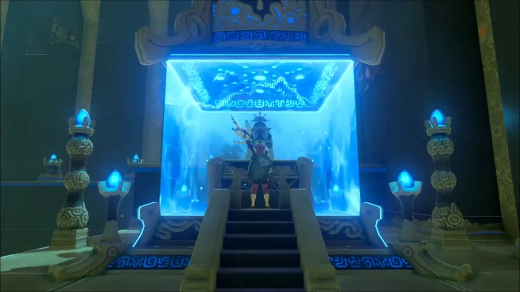 Link riding the raised platform up to Monk Shada Naw in the shrine Link riding the raised platform up to Monk Shada Naw in the shrine