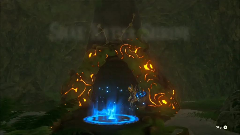 Shae Katha Shrine entrance glowing orange with Link on the blue warp pad Shae Katha Shrine entrance glowing orange with Link on the blue warp pad