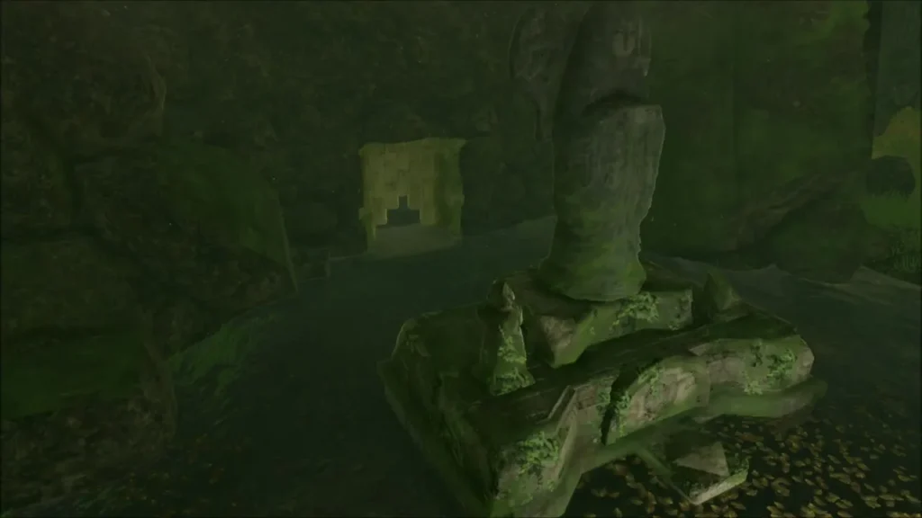 Mossy goddess statue and its stone base in the flooded cave Mossy goddess statue and its stone base in the flooded cave
