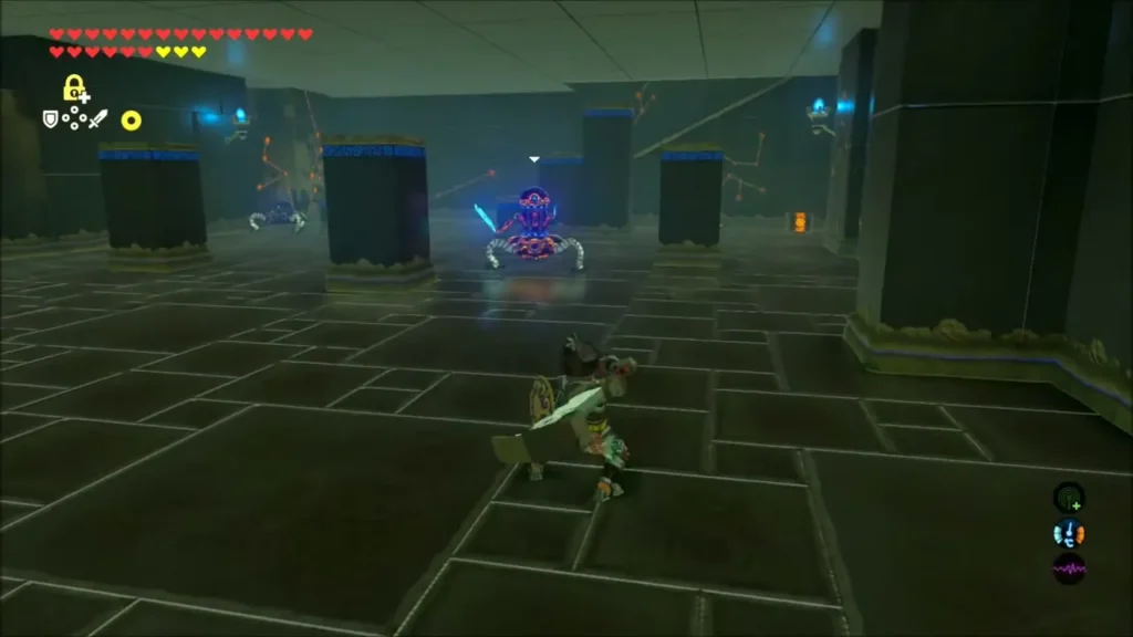 Link facing a Guardian Scout between stone pillars Link facing a Guardian Scout between stone pillars
