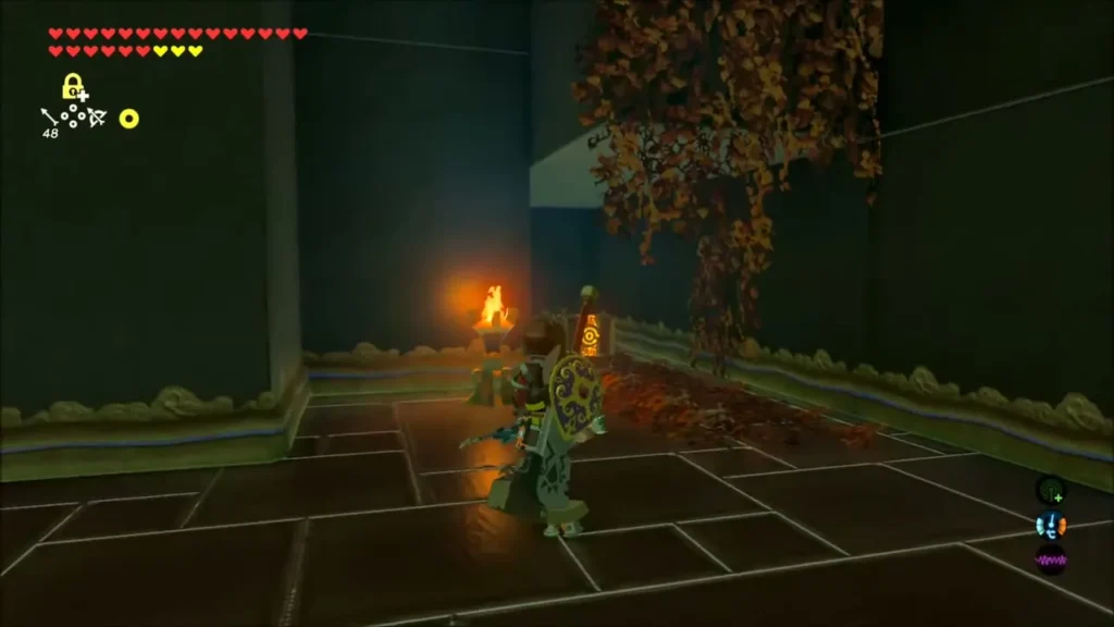 Link beside a lit torch and leaf pile in the next room Link beside a lit torch and leaf pile in the next room