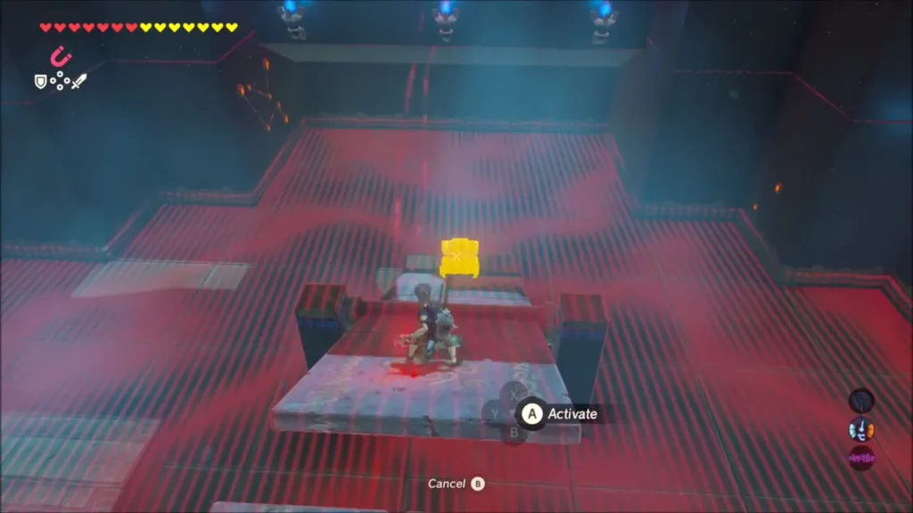 Link on a small ledge with a distant chest among red hazard Link on a small ledge with a distant chest among red hazard