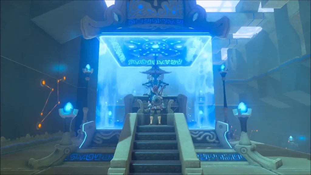 Link climbing the steps toward the monk seated inside the glowing shrine Link climbing the steps toward the monk seated inside the glowing shrine