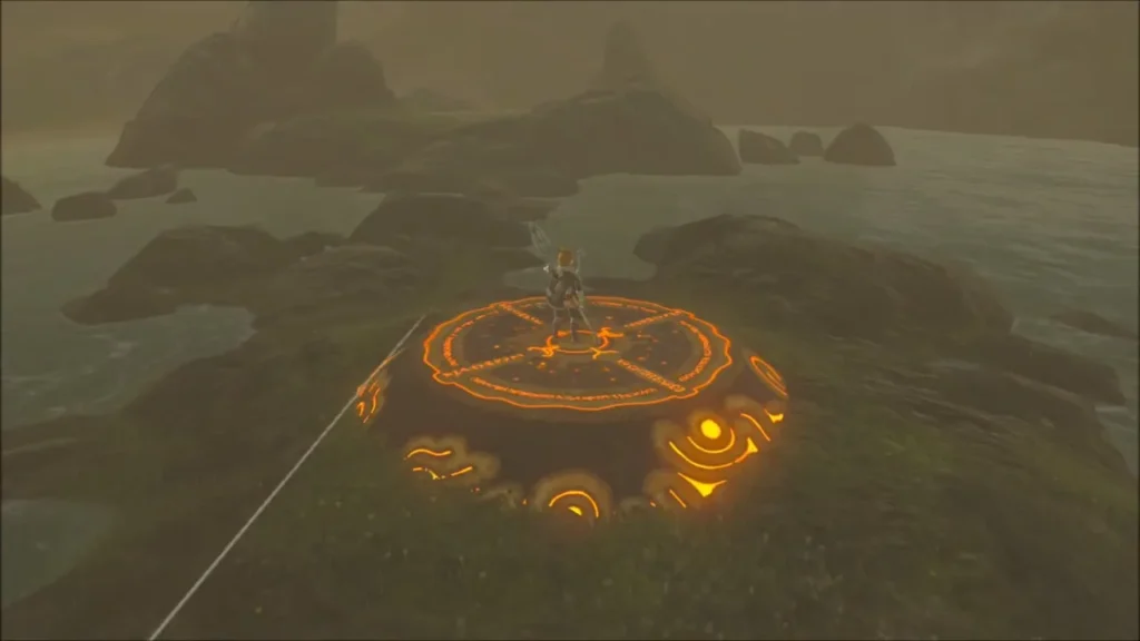 Link landing on the glowing orange platform that raises the shrine Link landing on the glowing orange platform that raises the shrine