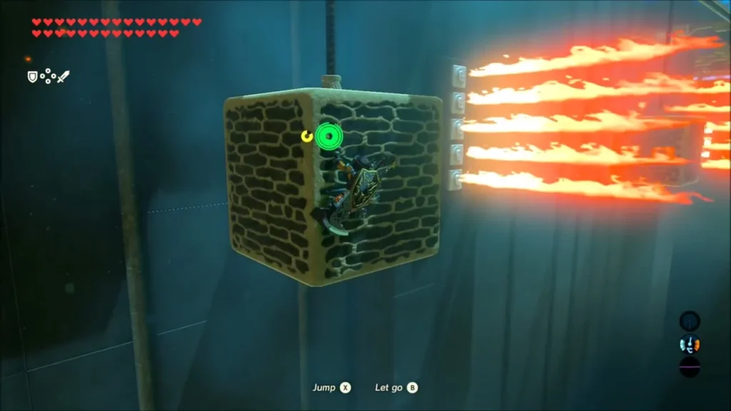 Link clinging to a conveyor block while flames shoot past on the right Link clinging to a conveyor block while flames shoot past on the right