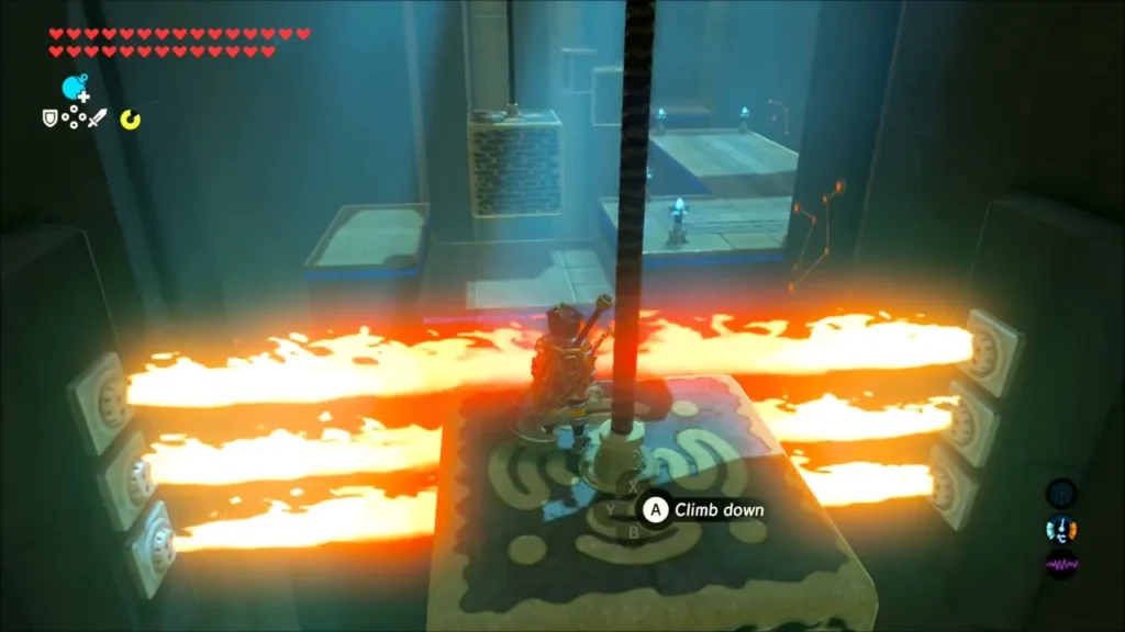 Link standing on top of a block with flames hitting both sides Link standing on top of a block with flames hitting both sides