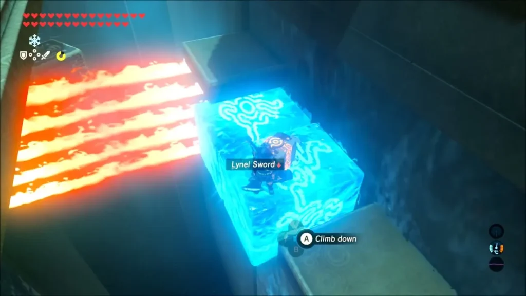 Link at the chest on ice with Lynel Sword shown, flames at left Link at the chest on ice with Lynel Sword shown, flames at left
