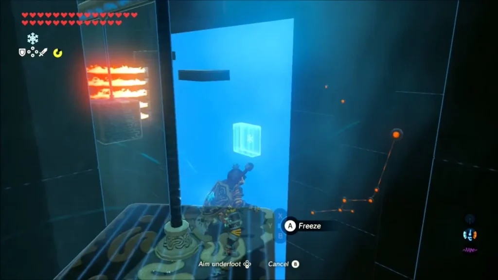 Link aiming Cryonis to raise an ice pillar beside the flame jets Link aiming Cryonis to raise an ice pillar beside the flame jets