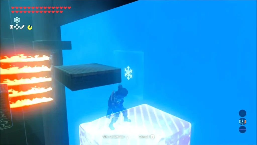Link standing on an ice block with a platform beside the flames Link standing on an ice block with a platform beside the flames