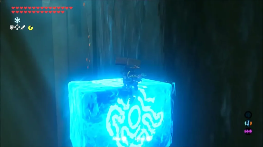 Link standing on a frozen block made in the waterfall Link standing on a frozen block made in the waterfall