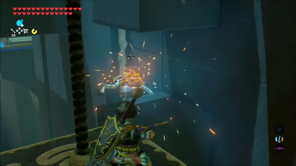 Link fighting a Guardian Scout on a small platform, sparks flying Link fighting a Guardian Scout on a small platform, sparks flying