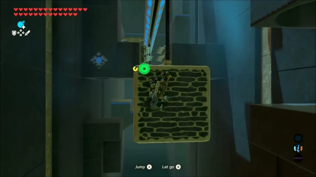 Link climbing a block with a Guardian Scout on a ledge nearby Link climbing a block with a Guardian Scout on a ledge nearby