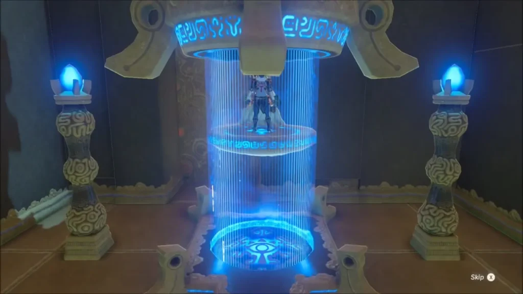 Link riding the lift down into Shee Vaneer Shrine