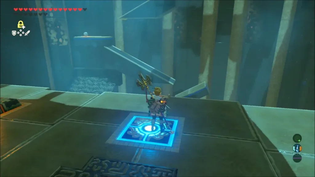 Link standing on the glowing left floor switch in Sheem Dagoze Shrine Link standing on the glowing left floor switch in Sheem Dagoze Shrine