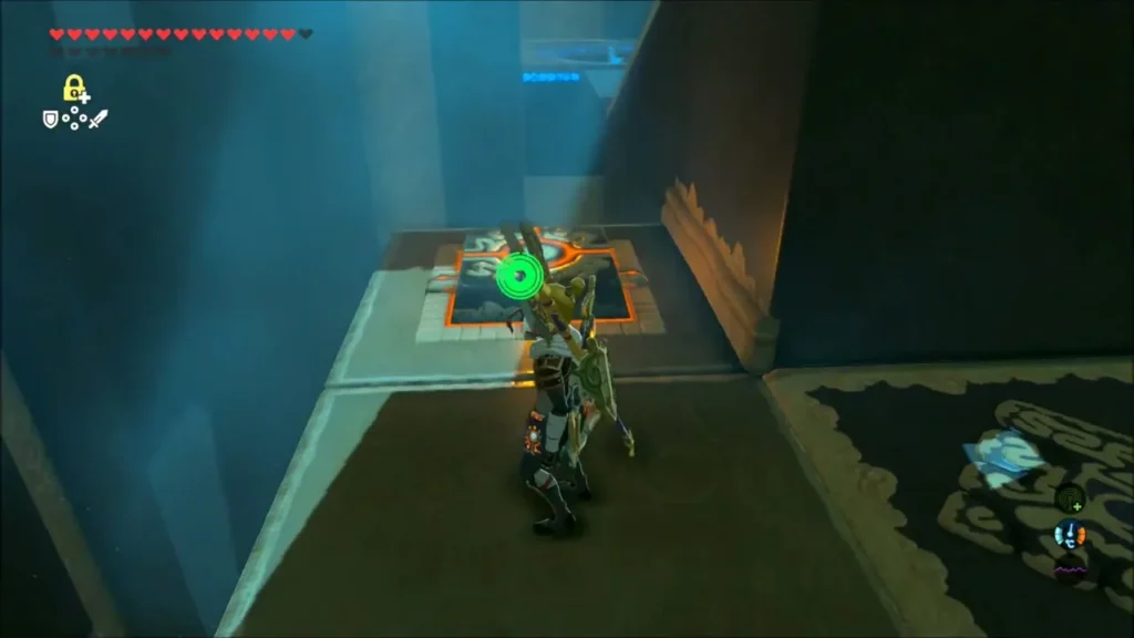 Link landing beside the switch across the room after paragliding Link landing beside the switch across the room after paragliding
