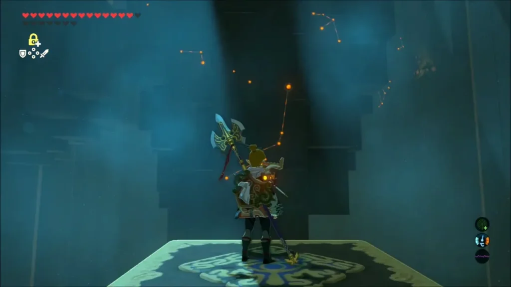 Link riding the moving platform back toward the entrance Link riding the moving platform back toward the entrance