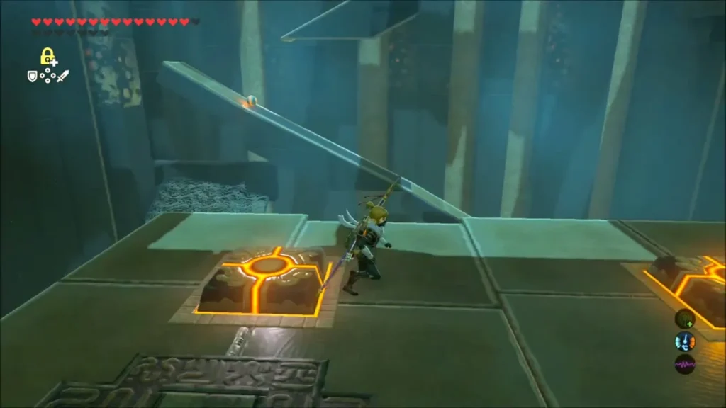 Link beside the orange-lit right switch with the orb rails above Link beside the orange-lit right switch with the orb rails above