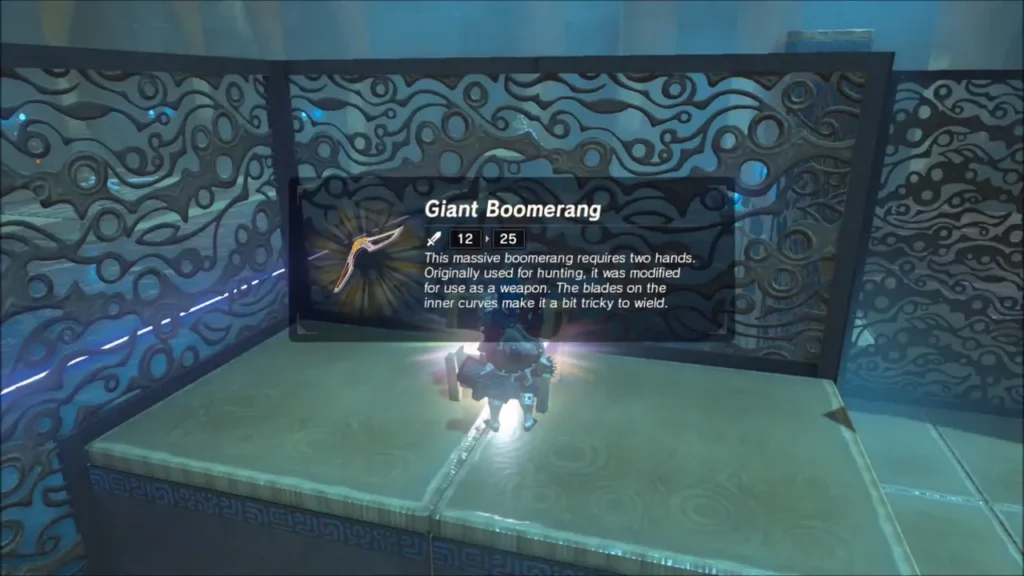 Link holding up the Giant Boomerang with its name box Link holding up the Giant Boomerang with its name box