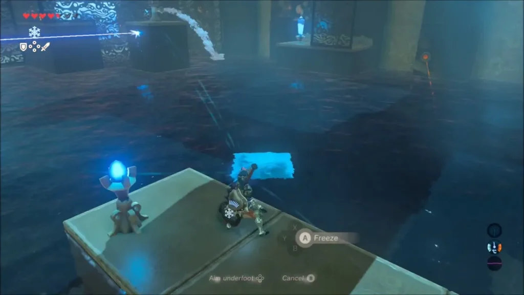 Link aiming Cryonis to raise an ice block beside a platform in the water Link aiming Cryonis to raise an ice block beside a platform in the water
