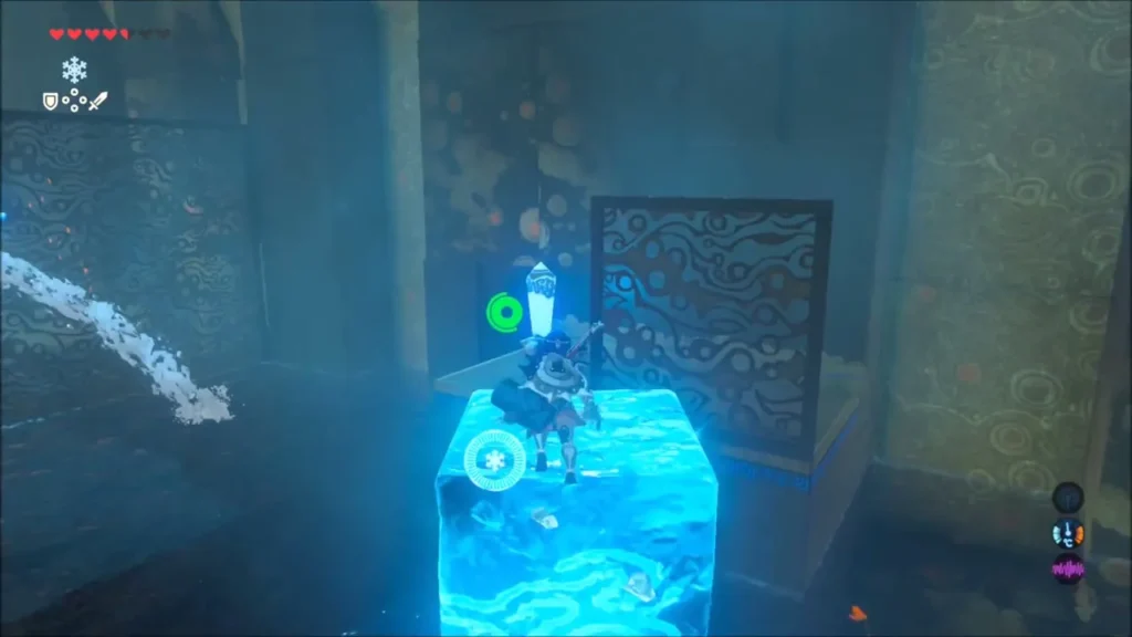 Link standing on an ice block next to the crystal switch Link standing on an ice block next to the crystal switch