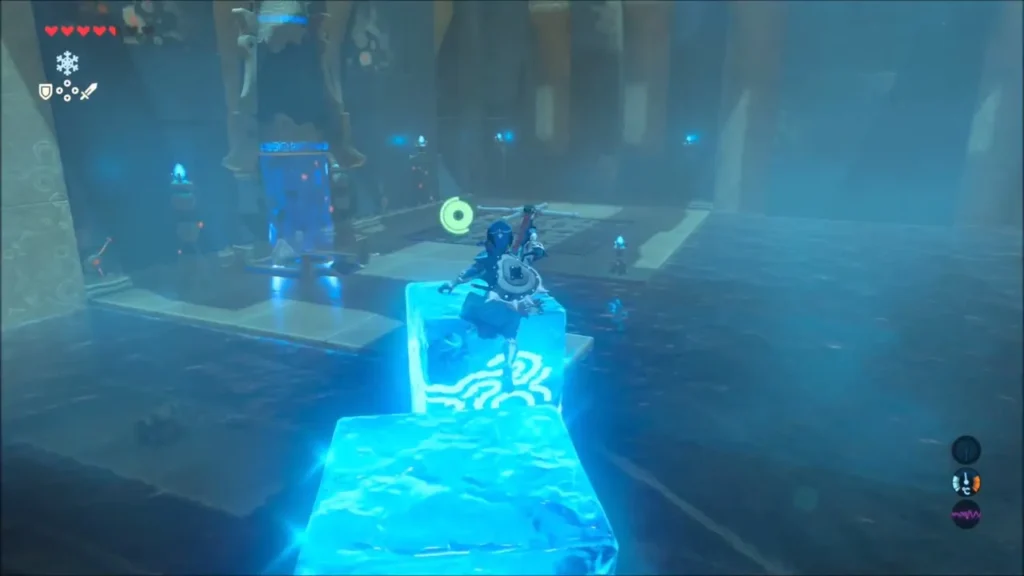 Link climbing stacked ice blocks across the flooded hall Link climbing stacked ice blocks across the flooded hall