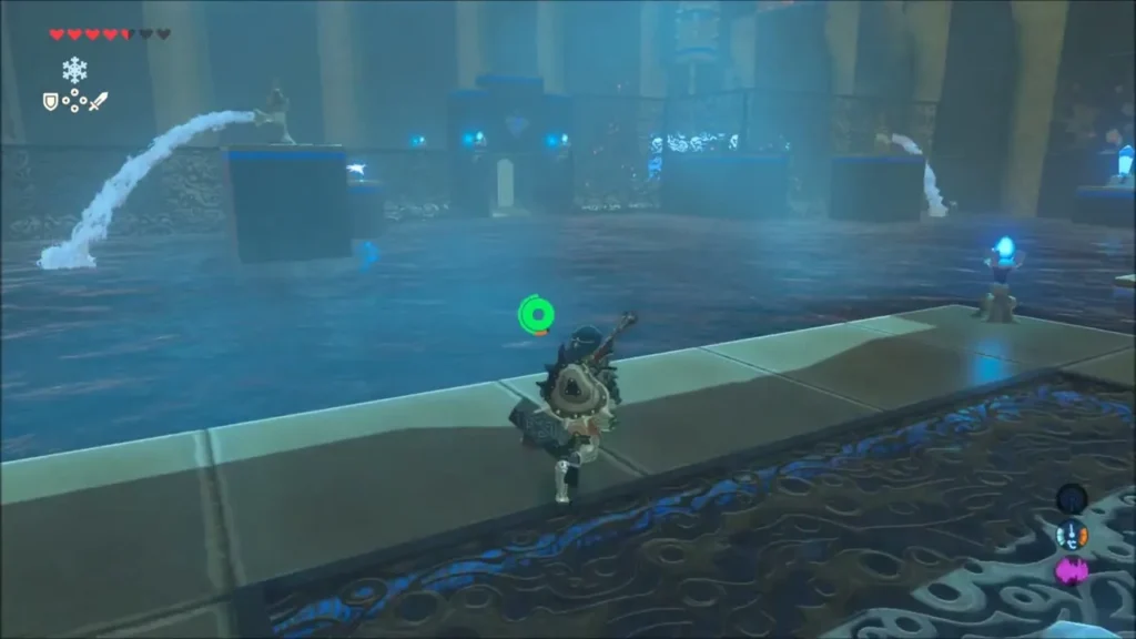 Link on the shrine ledge as the water level climbs beside the water jets Link on the shrine ledge as the water level climbs beside the water jets