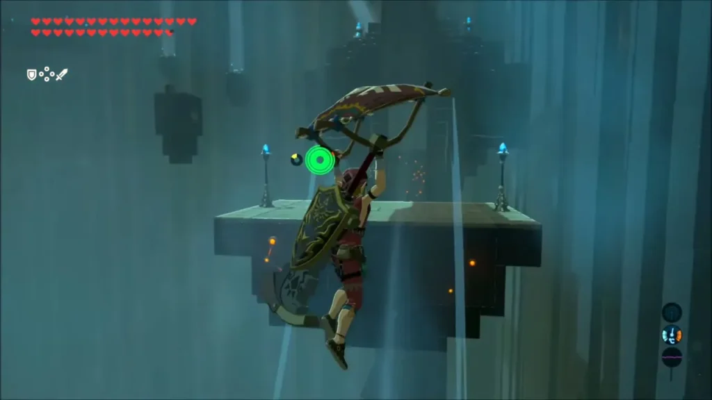 Link gliding on updrafts between floating platforms in the shrine Link gliding on updrafts between floating platforms in the shrine