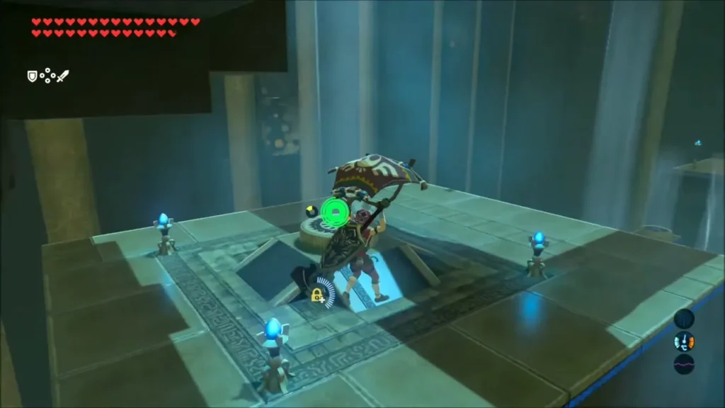 Link gliding down onto a platform with a bomb slot and lock marker Link gliding down onto a platform with a bomb slot and lock marker