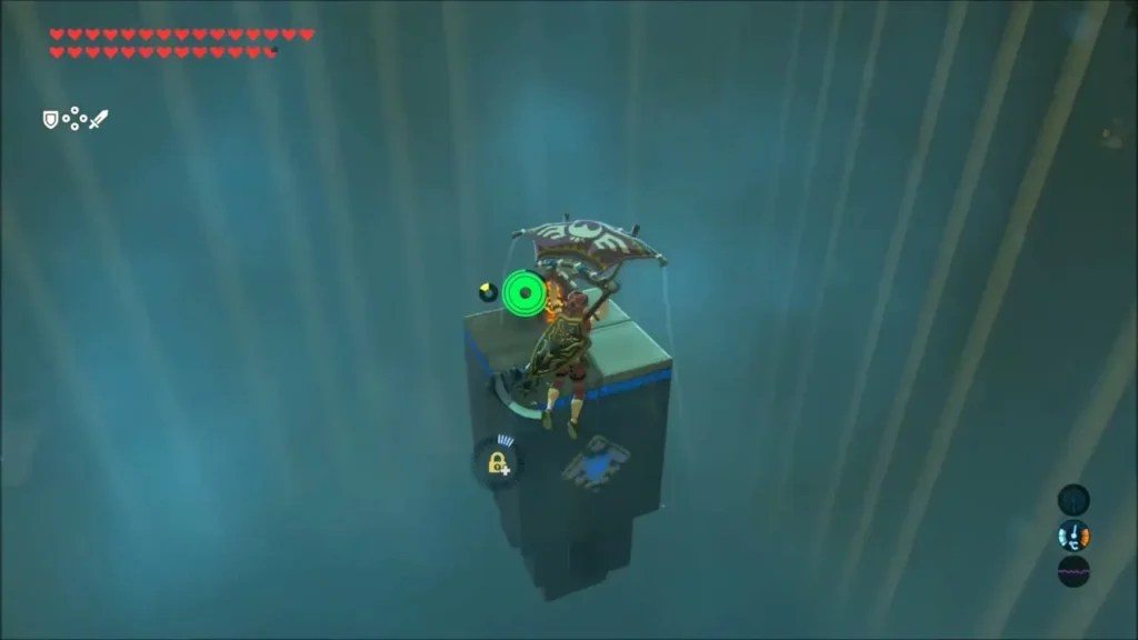 Link landing on the small platform that holds the Bomb Arrows chest Link landing on the small platform that holds the Bomb Arrows chest