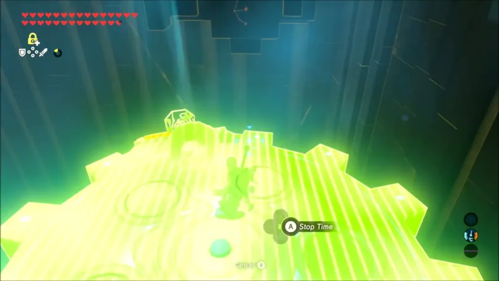 Platform glowing green with Stasis while Link waits on it Platform glowing green with Stasis while Link waits on it