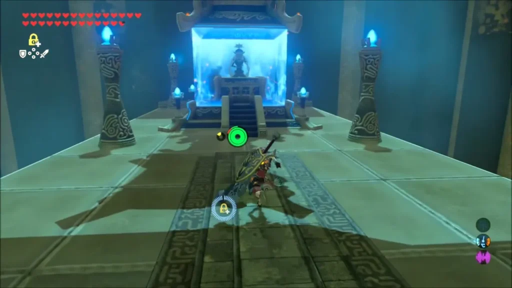 Link approaching the monk in his glowing blue alcove Link approaching the monk in his glowing blue alcove