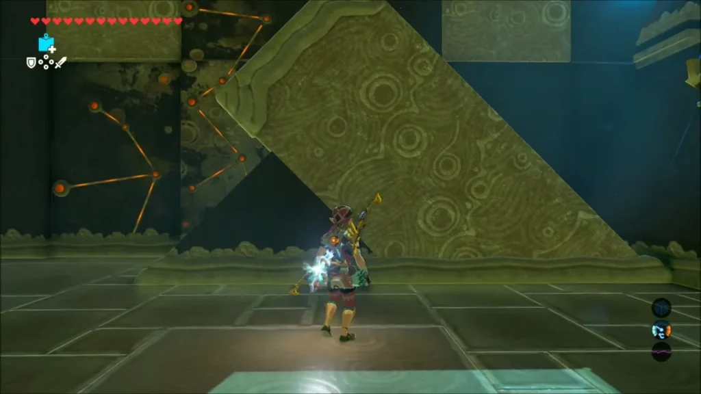 Link facing a large angled pillar with a bomb at the ready Link facing a large angled pillar with a bomb at the ready