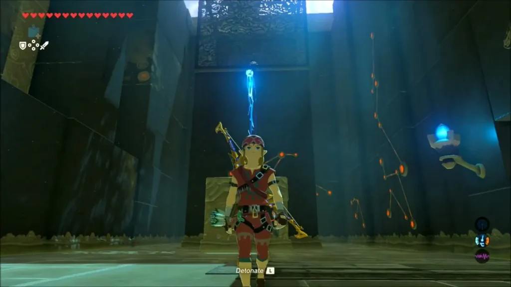 Link raised high on the platform about to detonate the bomb Link raised high on the platform about to detonate the bomb