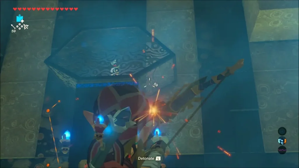 Link aiming to detonate the round bomb in front of a switch Link aiming to detonate the round bomb in front of a switch