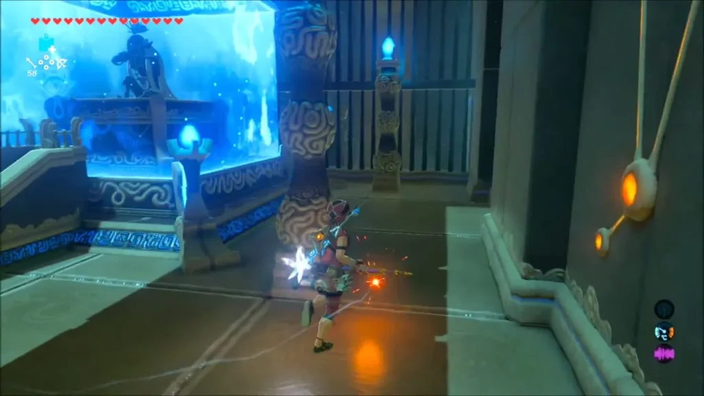 Link approaching Monk Sho Dantu behind the glowing barrier Link approaching Monk Sho Dantu behind the glowing barrier