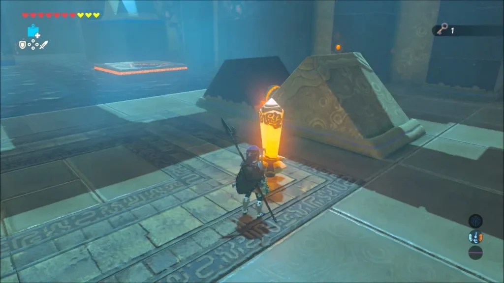 Link beside the lit lantern switch near the left launcher Link beside the lit lantern switch near the left launcher