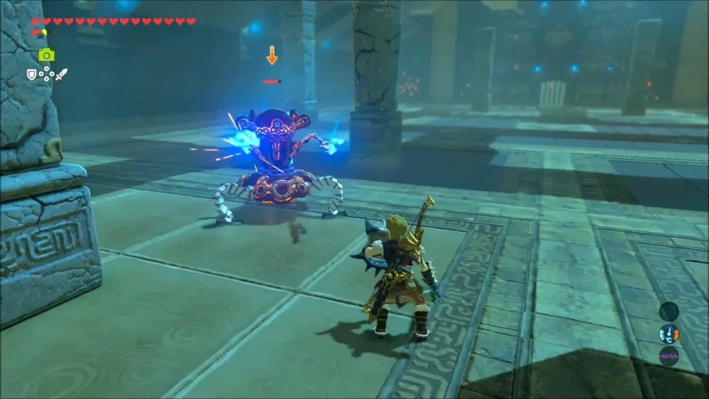 Link facing the glowing blue Guardian Scout III in the shrine arena Link facing the glowing blue Guardian Scout III in the shrine arena