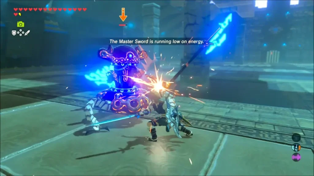 Link blocking the Scout III spear strike with sparks flying Link blocking the Scout III spear strike with sparks flying
