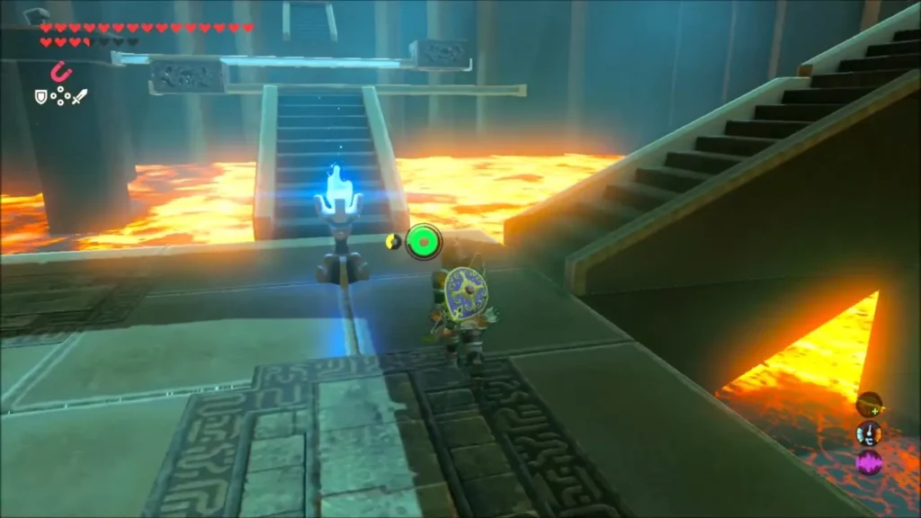Link approaching the blue torch at the foot of a stair Link approaching the blue torch at the foot of a stair