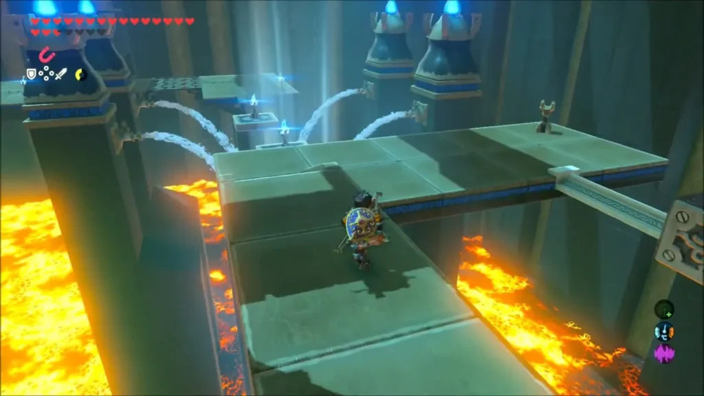Link walking a stone bridge over lava toward moving torch platforms Link walking a stone bridge over lava toward moving torch platforms